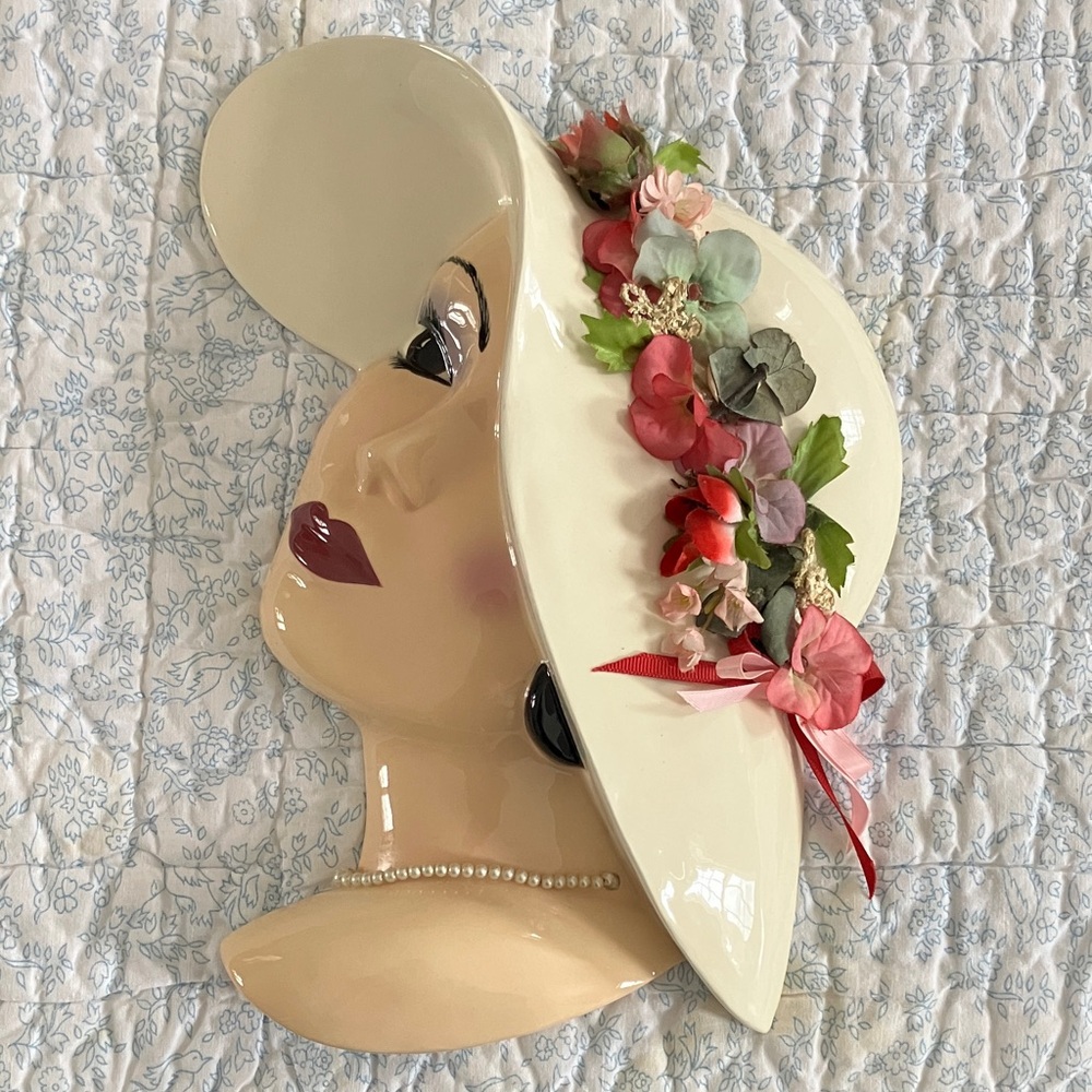 Vintage 11” lady head with hat flowers and necklace ceramic 3D wall art EUC